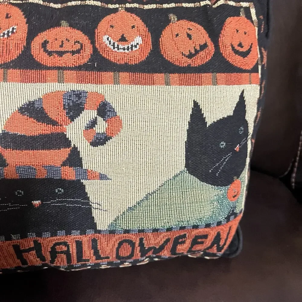 Vintage Halloween Black Cat Jack O Lantern Tapestry Throw Pillow 15x11 Decor
